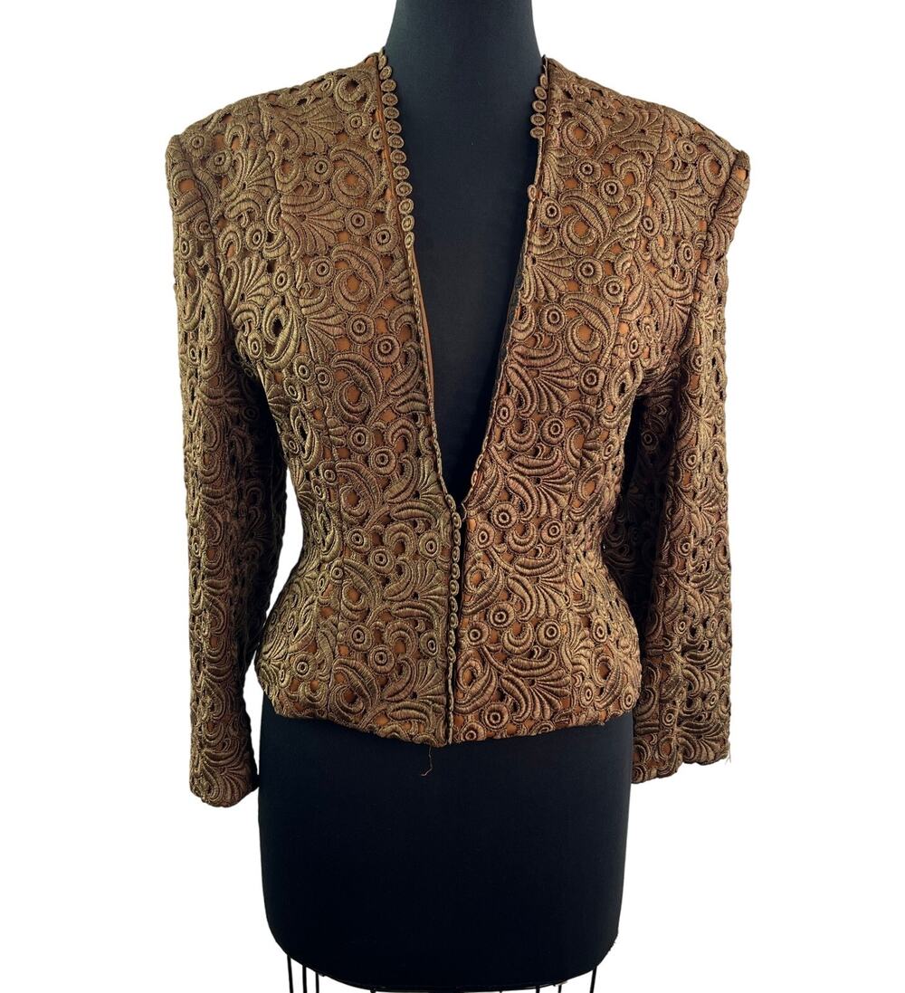 VTG Frank Fiore Brown Jacket Floral Embroidered Plunge Victorian Cocktail S/M